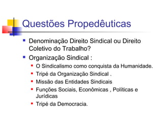 Questões Propedêuticas
 Denominação Direito Sindical ou Direito
Coletivo do Trabalho?
 Organização Sindical :
 O Sindicalismo como conquista da Humanidade.
 Tripé da Organização Sindical .
 Missão das Entidades Sindicais
 Funções Sociais, Econômicas , Políticas e
Jurídicas
 Tripé da Democracia.
 