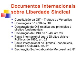 Documentos Internacionais
sobre Liberdade Sindical
 Constituição da OIT – Tratado de Versailles
 Convenções 87 e 98 da OIT
 Declaração da OIT relativa aos princípios e
direitos fundamentais
 Declaração da ONU de 1948, art. 23
 Pacto Internacional sobre Direitos civis e
Políticos de 1966, art. 22
 Pacto Internacional de Direitos Econômicos,
Sociais e Culturais, art. 8º
 Declaração Socio-Laboral do Mercosul, art. 8º
 