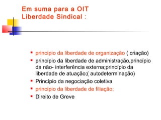 Em suma para a OIT
Liberdade Sindical :
 princípio da liberdade de organização ( criação)
 princípio da liberdade de administração,princípio
da não- interferência externa;princípio da
liberdade de atuação;( autodeterminação)
 Princípio da negociação coletiva
 princípio da liberdade de filiação;
 Direito de Greve
 