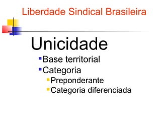 Liberdade Sindical Brasileira
Unicidade

Base territorial

Categoria
Preponderante
Categoria diferenciada
 