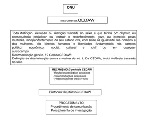 ONU


                                   Instrumento: CEDAW



Toda distinção, exclusão ou restrição fundada no sexo e que tenha por objetivo ou
consequência prejudicar ou destruir o reconhecimento, gozo ou exercício pelas
mulheres, independentemente do seu estado civil, com base na igualdade dos homens e
das mulheres, dos direitos humanos e liberdades fundamentais nos campos
político,   econômico,      social,    cultural     e    civil  ou       em      qualquer
outro campo.
Recomendação geral n. 19 Comitê CEDAW:
Definição de discriminação contra a mulher do art. 1. Da CEDAW, inclui violência baseada
no sexo

                            MECANISMO:Comitê da CEDAW
                             -Relatórios periódicos de países
                            -Recomendações aos países
                            - Possibilidade de visita in loco




                          Protocolo facultativo à CEDAW


                                PROCEDIMENTO
                           Procedimento de comunicação
                           Procedimento de investigação
 