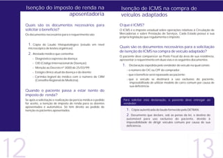 Isenção do imposto de renda na                                   Isenção de ICMS na compra de
                  aposentadoria                                   veículos adaptados
 Quais são os documentos necessários para                        O que é ICMS?
 solicitar o benefício?                                          O ICMS é o imposto estadual sobre operações relativas à Circulação de
 Os documentos necessários para o requerimento são:              Mercadorias e sobre Prestação de Serviços. Cada Estado possui a sua
                                                                 própria legislação que regulamenta o imposto.

     1. Cópia  do Laudo Histopatológico (estudo em nível
     microscópico de lesões orgânicas);                          Quais são os documentos necessários para a solicitação
                                                                 de isenção do ICMS na compra de veículo adaptado?
     2. Atestado médico que contenha:
                                                                 O paciente deve comparecer ao Posto Fiscal da área de sua residência,
        - Diagnóstico expresso da doença;                        apresentar o requerimento em duas vias e os seguintes documentos:
        - CID (Código Internacional de Doenças);
                                                                   1.    Declaração expedida pelo vendedor do veículo na qual conste:
        - Menção ao Decreto nº 3000 de 25/03/99;
                                                                        - o número do CIC ou CPF do comprador;
        - Estágio clínico atual da doença e do doente;
                                                                        - que o benefício será repassado ao paciente;
        - Carimbo legível do médico com o número do CRM
          (Conselho Regional de Medicina).                              - que o veículo se destinará a uso exclusivo do paciente,
                                                                          impossibilitado de utilizar modelo de carro comum por causa de
                                                                          sua deficiência.
 Quando o paciente passa a estar isento do
 imposto de renda?
 Se após a solicitação e realização da perícia médica o pedido     Para solicitar esta declaração, o paciente deve entregar ao
 for aceito, a isenção de imposto de renda para os doentes         vendedor:
 aposentados é automática. Só têm direito ao pedido de
 isenção os pacientes aposentados.                                      1. Cópia autenticada do laudo fornecido pelo DETRAN;
                                                                        2. Documento que declare, sob as penas da lei, o destino do
                                                                        automóvel para uso exclusivo do paciente, devido à
                                                                        impossibilidade de dirigir veículos comuns por causa de sua
                                                                        deficiência.




12                                                                                                                      13
 