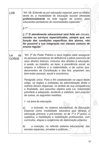 19
LDB “Art. 58. Entende-se por educação especial, para os efeitos
desta lei, a modalidade de educação escolar oferecida
preferencialmente na rede regular de ensino, para
educandos portadores de necessidades especiais.”
§ 1º .................................................................
§ 2º O atendimento educacional será feito em classes,
escolas ou serviços especializados, sempre que, em
função das condições específicas dos alunos, não
for possível a sua integração nas classes comuns de
ensino regular.”
Lei da
CORDE
“Art. 2º Ao Poder Público e seus órgãos cabe assegurar
às pessoas portadoras de deficiência o pleno exercício de
seus direitos básicos, inclusive dos direitos à educação,
à saúde, ao trabalho, ao lazer, à previdência social, ao
amparo à infância e à maternidade, e de outros que,
decorrentes da Constituição e das leis, propiciem seu
bem-estar pessoal, social e econômico.
Parágrafo único. Para o fim estabelecido no caput deste
artigo, os órgãos e entidades da administração direta e
indireta devem dispensar, no âmbito de sua competência
e finalidade, aos assuntos objetos esta Lei, tratamento
prioritário e adequado, tendente a viabilizar, sem prejuízo
de outras, as seguintes medidas:
I - na área da educação:
a inclusão, no sistema educacional, da Educaçãoa)	
Especial como modalidade educativa que abranja a
educação precoce, a pré-escolar, as de 1º e 2º graus, a
supletiva, a habilitação e reabilitação profissionais, com
currículos, etapas e exigências de diplomação próprios;
a inserção, no referidob)	 sistema educacional, das
escolas especiais, privadas e públicas;...” .
 