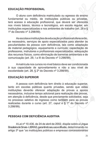 21
EDUCAÇÃO PROFISSIONAL
O aluno com deficiência matriculado ou egresso do ensino
fundamental ou médio, de instituições públicas ou privadas,
terá acesso à educação profissional, que deverá ser oferecida
nos níveis básico, técnico e tecnológico, em escola regular, em
instituições especializadas e nos ambientes de trabalho (art. 28 e §
1º do Decreto nº 3.298/99).
Asescolaseinstituiçõesdeeducaçãoprofissionaloferecerão,
se necessário, serviços de apoio especializados para atender às
peculiaridades da pessoa com deficiência, tais como adaptação
de material pedagógico, equipamento e currículo; capacitação de
professores, instrutores e profissionais especializados; adequação
dos recursos físicos, como eliminação de barreiras ambientais e de
comunicação (art. 29, I a III do Decreto nº 3.298/99).
Amatrícula nos cursos no nível básico deve ser condicionada
à sua capacidade de aproveitamento e não a seu nível de
escolaridade (art. 28, § 2º do Decreto nº 3.298/99).
EDUCAÇÃO SUPERIOR
A pessoa com deficiência tem direito à educação superior,
tanto em escolas públicas quanto privadas, sendo que estas
instituições deverão oferecer adaptação de provas e apoios
necessários, inclusive tempo adicional para realização das provas,
em atenção à deficiência, desde que previamente solicitados, seja
no processo seletivo de ingresso como também para as provas
realizadas durante o curso (art. 27, caput e § 1º do Decreto nº
3.298/99).
PESSOAS COM DEFICIÊNCIA AUDITIVA
A Lei nº 10.436, de 24 de abril de 2002, dispõe sobre a Língua
BrasileiradeSinais-LIBRAS,garantindoseuusoedifusão, determinando no
artigo 3º que “as instituições públicas e empresas concessionárias
 