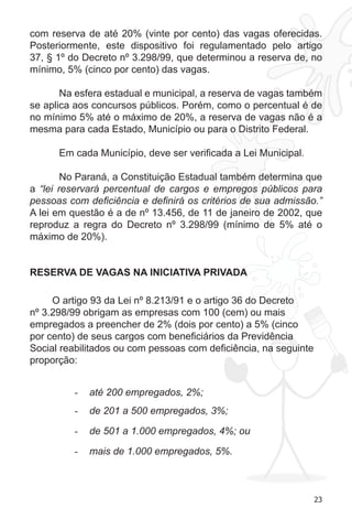 23
com reserva de até 20% (vinte por cento) das vagas oferecidas.
Posteriormente, este dispositivo foi regulamentado pelo artigo
37, § 1º do Decreto nº 3.298/99, que determinou a reserva de, no
mínimo, 5% (cinco por cento) das vagas.
Na esfera estadual e municipal, a reserva de vagas também
se aplica aos concursos públicos. Porém, como o percentual é de
no mínimo 5% até o máximo de 20%, a reserva de vagas não é a
mesma para cada Estado, Município ou para o Distrito Federal.
Em cada Município, deve ser verificada a Lei Municipal.
No Paraná, a Constituição Estadual também determina que
a “lei reservará percentual de cargos e empregos públicos para
pessoas com deficiência e definirá os critérios de sua admissão.”
A lei em questão é a de nº 13.456, de 11 de janeiro de 2002, que
reproduz a regra do Decreto nº 3.298/99 (mínimo de 5% até o
máximo de 20%).
RESERVA DE VAGAS NA INICIATIVA PRIVADA
O artigo 93 da Lei nº 8.213/91 e o artigo 36 do Decreto
nº 3.298/99 obrigam as empresas com 100 (cem) ou mais
empregados a preencher de 2% (dois por cento) a 5% (cinco
por cento) de seus cargos com beneficiários da Previdência
Social reabilitados ou com pessoas com deficiência, na seguinte
proporção:
até 200 empregados, 2%;-	
de 201 a 500 empregados, 3%;-	
de 501 a 1.000 empregados, 4%; ou-	
mais de 1.000 empregados, 5%.-	
 
