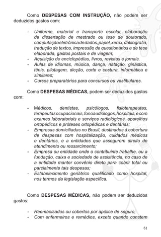 61
Como DESPESAS COM INSTRUÇÃO, não podem ser
deduzidos gastos com:
Uniforme, material e transporte escolar, elaboração-	
de dissertação de mestrado ou tese de doutorado,
computaçãoeletrônicadedados,papel,xerox,datilografia,
tradução de textos, impressão de questionários e de tese
elaborada, gastos postais e de viagem;
Aquisição de enciclopédias, livros, revistas e jornais.-	
Aulas de idiomas, música, dança, natação, ginástica,-	
tênis, pilotagem, dicção, corte e costura, informática e
similares;
Cursos preparatórios para concursos ou vestibulares.-	
Como DESPESAS MÉDICAS, podem ser deduzidos gastos
com:
M-	 édicos, dentistas, psicólogos, fisioterapeutas,
terapeutasocupacionais,fonoaudiólogos,hospitais,ecom
exames laboratoriais e serviços radiológicos, aparelhos
ortopédicos e próteses ortopédicas e dentárias;
Empresas domiciliadas no Brasil, destinados à cobertura-	
de despesas com hospitalização, cuidados médicos
e dentários, e a entidades que assegurem direito de
atendimento ou ressarcimento;
Empresa ou entidade onde o contribuinte trabalhe, ou a-	
fundação, caixa e sociedade de assistência, no caso de
a entidade manter convênio direto para cobrir total ou
parcialmente tais despesas;
Estabelecimento geriátrico qualificado como hospital,-	
nos termos da legislação específica.
Como DESPESAS MÉDICAS, não podem ser deduzidos
gastos:
Reembolsados ou cobertos por apólice de seguro;-	
Com enfermeiros e remédios, exceto quando constem-	
 