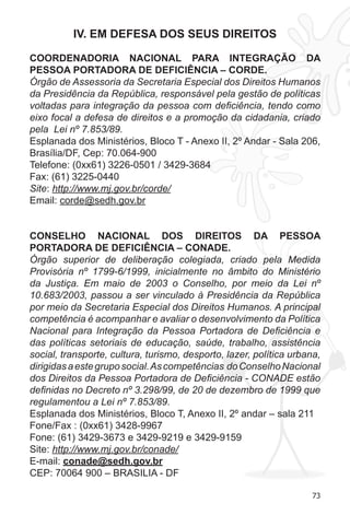 73
IV. EM DEFESA DOS SEUS DIREITOS
COORDENADORIA NACIONAL PARA INTEGRAÇÃO DA
PESSOA PORTADORA DE DEFICIÊNCIA – CORDE.
Órgão de Assessoria da Secretaria Especial dos Direitos Humanos
da Presidência da República, responsável pela gestão de políticas
voltadas para integração da pessoa com deficiência, tendo como
eixo focal a defesa de direitos e a promoção da cidadania, criado
pela Lei nº 7.853/89.
Esplanada dos Ministérios, Bloco T - Anexo II, 2º Andar - Sala 206,
Brasília/DF, Cep: 70.064-900
Telefone: (0xx61) 3226-0501 / 3429-3684
Fax: (61) 3225-0440
Site: http://www.mj.gov.br/corde/
Email: corde@sedh.gov.br 
CONSELHO NACIONAL DOS DIREITOS DA PESSOA
PORTADORA DE DEFICIÊNCIA – CONADE.
Órgão superior de deliberação colegiada, criado pela Medida
Provisória nº 1799-6/1999, inicialmente no âmbito do Ministério
da Justiça. Em maio de 2003 o Conselho, por meio da Lei nº
10.683/2003, passou a ser vinculado à Presidência da República
por meio da Secretaria Especial dos Direitos Humanos. A principal
competência é acompanhar e avaliar o desenvolvimento da Política
Nacional para Integração da Pessoa Portadora de Deficiência e
das políticas setoriais de educação, saúde, trabalho, assistência
social, transporte, cultura, turismo, desporto, lazer, política urbana,
dirigidasaestegruposocial.Ascompetências doConselhoNacional
dos Direitos da Pessoa Portadora de Deficiência - CONADE estão
definidas no Decreto nº 3.298/99, de 20 de dezembro de 1999 que
regulamentou a Lei nº 7.853/89.
Esplanada dos Ministérios, Bloco T, Anexo II, 2º andar – sala 211
Fone/Fax : (0xx61) 3428-9967
Fone: (61) 3429-3673 e 3429-9219 e 3429-9159
Site: http://www.mj.gov.br/conade/
E-mail: conade@sedh.gov.br
CEP: 70064 900 – BRASILIA - DF
 