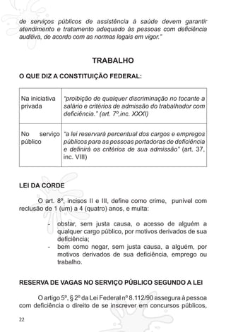 22 
de serviços públicos de assistência à saúde devem garantir 
atendimento e tratamento adequado às pessoas com deficiência 
auditiva, de acordo com as normas legais em vigor.” 
TRABALHO 
O QUE DIZ A CONSTITUIÇÃO FEDERAL: 
Na iniciativa 
privada 
“proibição de qualquer discriminação no tocante a 
salário e critérios de admissão do trabalhador com 
deficiência.” (art. 7º,inc. XXXI) 
No serviço 
público 
“a lei reservará percentual dos cargos e empregos 
públicos para as pessoas portadoras de deficiência 
e definirá os critérios de sua admissão” (art. 37, 
inc. VIII) 
LEI DA CORDE 
O art. 8º, incisos II e III, define como crime, punível com 
reclusão de 1 (um) a 4 (quatro) anos, e multa: 
- obstar, sem justa causa, o acesso de alguém a 
qualquer cargo público, por motivos derivados de sua 
deficiência; 
- bem como negar, sem justa causa, a alguém, por 
motivos derivados de sua deficiência, emprego ou 
trabalho. 
RESERVA DE VAGAS NO SERVIÇO PÚBLICO SEGUNDO A LEI 
O artigo 5º, § 2º da Lei Federal nº 8.112/90 assegura à pessoa 
com deficiência o direito de se inscrever em concursos públicos, 
 