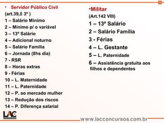 14
• Servidor Público Civil
(art.39,δ 3º )
1 – Salário Mínimo
2 – Mínimo p/ o variável
3 – 13º Salário
4 – Adicional noturno
5 – Salário Família
6 – Jornada (8hs dia)
7 - RSR
8 – Horas extras
9 - Férias
10 – L. Maternidade
11 – L. Paternidade
12 – P. ao mercado mulher
13 – Redução dos riscos
14 – P. Diferença salarial
•Militar
(Art.142 VIII)
1 – 13º Salário
2 – Salário Família
3 - Férias
4 – L. Gestante
5 – L. Paternidade
6 – Assistência gratuita aos
filhos e dependentes
.
 