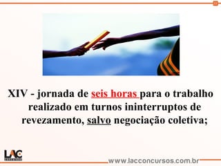 53
XIV - jornada de seis horas para o trabalho
realizado em turnos ininterruptos de
revezamento, salvo negociação coletiva;
 
