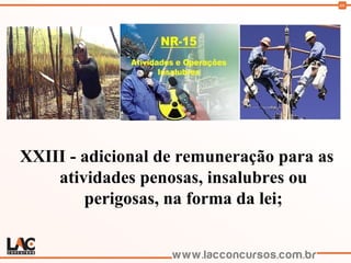 66
XXIII - adicional de remuneração para as
atividades penosas, insalubres ou
perigosas, na forma da lei;
 
