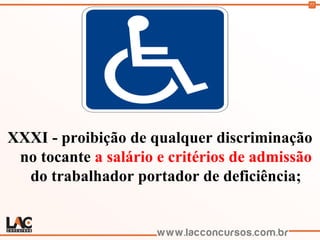 77
XXXI - proibição de qualquer discriminação
no tocante a salário e critérios de admissão
do trabalhador portador de deficiência;
 
