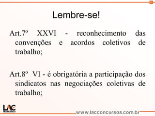 85
Lembre-se!
Art.7º XXVI - reconhecimento das
convenções e acordos coletivos de
trabalho;
Art.8º VI - é obrigatória a participação dos
sindicatos nas negociações coletivas de
trabalho;
 