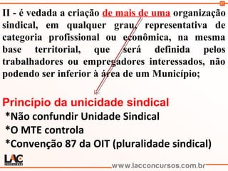 97
II - é vedada a criação de mais de uma organização
sindical, em qualquer grau, representativa de
categoria profissional ou econômica, na mesma
base territorial, que será definida pelos
trabalhadores ou empregadores interessados, não
podendo ser inferior à área de um Município;
Princípio da unicidade sindical
*Não confundir Unidade Sindical
*O MTE controla
*Convenção 87 da OIT (pluralidade sindical)
 