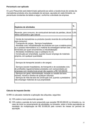 57
Percentual a ser aplicado
O Lucro Presumido será determinado aplicando-se sobre a receita bruta de vendas de
mercadorias produtos e/ou da prestação de serviços, apurada em cada trimestre, os
percentuais constantes da tabela a seguir, conforme a atividade da empresa
Espécies de atividades
%
Revenda, para consumo, de combustível derivado de petróleo, álcool
etílico carburante e gás natural
1,6%
- Venda de mercadorias ou produtos (exceto revenda de combustíveis
para consumo)
- Transporte de cargas, Serviços hospitalares
- Atividade rural, Industrialização de produtos em que a matéria-prima
ou o produto intermediário ou o material de embalagem tenham sido
fornecidos por quem encomendou a industrialização
- Atividades imobiliárias (veja o subtópico 6.2.3)
- Construção por empreitada, quando houver emprego de materiais
próprios, em qualquer quantidade
8%
- Serviços de transporte (exceto o de cargas)
- Serviços (exceto hospitalares, de transporte e de sociedades civis
de profissões regulamentadas) prestados com exclusividade por
empresas com receita bruta anual não superior a R$ 120.000,00
16%
- Serviços em geral, Administração, locação ou cessão de bens
imóveis, móveis e direitos de qualquer natureza
- Serviços de mão-de-obra de construção civil, quando a prestadora
não empregar materiais de sua propriedade
32%
Cálculo do Imposto Devido
O IRPJ é calculado mediante a aplicação das alíquotas, seguintes:
A) 15% sobre o lucro presumido apurado
B) 10% sobre a parcela do lucro presumido que exceder R$ 60.000,00 no trimestre ou, no
caso de inicio ou encerramento de atividades no trimestre, sobre o limite equivalente ao
resultado da multiplicação de R$ 20.000,00 pelo numero de meses do período de
apuração.
 
