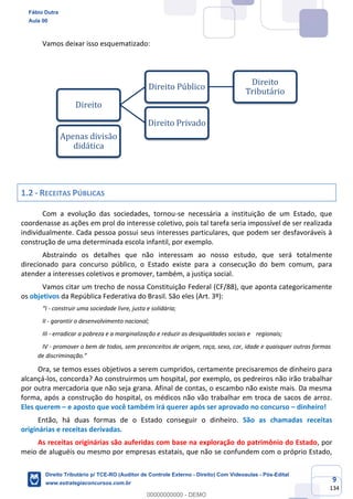 9
134
Vamos deixar isso esquematizado:
1.2 - RECEITAS PÚBLICAS
Com a evolução das sociedades, tornou-se necessária a instituição de um Estado, que
coordenasse as ações em prol do interesse coletivo, pois tal tarefa seria impossível de ser realizada
individualmente. Cada pessoa possui seus interesses particulares, que podem ser desfavoráveis à
construção de uma determinada escola infantil, por exemplo.
Abstraindo os detalhes que não interessam ao nosso estudo, que será totalmente
direcionado para concurso público, o Estado existe para a consecução do bem comum, para
atender a interesses coletivos e promover, também, a justiça social.
Vamos citar um trecho de nossa Constituição Federal (CF/88), que aponta categoricamente
os objetivos da República Federativa do Brasil. São eles (Art. 3º):
“I - construir uma sociedade livre, justa e solidária;
II - garantir o desenvolvimento nacional;
III - erradicar a pobreza e a marginalização e reduzir as desigualdades sociais e regionais;
IV - promover o bem de todos, sem preconceitos de origem, raça, sexo, cor, idade e quaisquer outras formas
de discriminação.”
Ora, se temos esses objetivos a serem cumpridos, certamente precisaremos de dinheiro para
alcançá-los, concorda? Ao construirmos um hospital, por exemplo, os pedreiros não irão trabalhar
por outra mercadoria que não seja grana. Afinal de contas, o escambo não existe mais. Da mesma
forma, após a construção do hospital, os médicos não vão trabalhar em troca de sacos de arroz.
Eles querem – e aposto que você também irá querer após ser aprovado no concurso – dinheiro!
Então, há duas formas de o Estado conseguir o dinheiro. São as chamadas receitas
originárias e receitas derivadas.
As receitas originárias são auferidas com base na exploração do patrimônio do Estado, por
meio de aluguéis ou mesmo por empresas estatais, que não se confundem com o próprio Estado,
Direito
Direito Público
Direito
Tributário
Direito Privado
Apenas divisão
didática
Fábio Dutra
Aula 00
Direito Tributário p/ TCE-RO (Auditor de Controle Externo - Direito) Com Videoaulas - Pós-Edital
www.estrategiaconcursos.com.br
0
00000000000 - DEMO
 