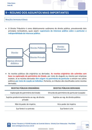 126
134
9 – RESUMO DOS ASSUNTOS MAIS IMPORTANTES
NOÇÕES INTRODUTÓRIAS
• O Direito Tributário é ramo didaticamente autônomo do direito público, prevalecendo dois
princípios norteadores, quais sejam: supremacia do interesse público sobre o particular e
indisponibilidade do interesse público.
• As receitas públicas são originárias ou derivadas. As receitas originárias são auferidas com
base na exploração do patrimônio do Estado, por meio de aluguéis ou mesmo por empresas
estatais. Já as receitas derivadas têm origem no patrimônio do particular e entram nos cofres
públicos por meio de coação ao indivíduo. Portanto, os tributos são classificados como receitas
derivadas.
RECEITAS PÚBLICAS ORIGINÁRIAS RECEITAS PÚBLICAS DERIVADAS
Exploração do patrimônio do Estado Oriunda do patrimônio do particular (coação)
Sujeitas predominantemente ao reg. de direito
privado
Sujeitas ao reg. de direito público
Não há poder de império Há o poder de império
Sua fonte é o contrato Sua fonte é a lei
Direito
Direito Público
Direito
Tributário
Direito Privado
Apenas divisão
didática
Fábio Dutra
Aula 00
Direito Tributário p/ TCE-RO (Auditor de Controle Externo - Direito) Com Videoaulas - Pós-Edital
www.estrategiaconcursos.com.br
0
00000000000 - DEMO
 