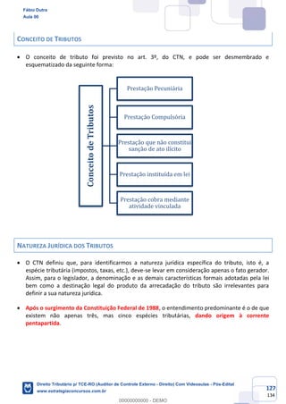 127
134
CONCEITO DE TRIBUTOS
• O conceito de tributo foi previsto no art. 3º, do CTN, e pode ser desmembrado e
esquematizado da seguinte forma:
NATUREZA JURÍDICA DOS TRIBUTOS
• O CTN definiu que, para identificarmos a natureza jurídica específica do tributo, isto é, a
espécie tributária (impostos, taxas, etc.), deve-se levar em consideração apenas o fato gerador.
Assim, para o legislador, a denominação e as demais características formais adotadas pela lei
bem como a destinação legal do produto da arrecadação do tributo são irrelevantes para
definir a sua natureza jurídica.
• Após o surgimento da Constituição Federal de 1988, o entendimento predominante é o de que
existem não apenas três, mas cinco espécies tributárias, dando origem à corrente
pentapartida.
ConceitodeTributos Prestação Pecuniária
Prestação Compulsória
Prestação que não constitui
sanção de ato ilícito
Prestação instituída em lei
Prestação cobra mediante
atividade vinculada
Fábio Dutra
Aula 00
Direito Tributário p/ TCE-RO (Auditor de Controle Externo - Direito) Com Videoaulas - Pós-Edital
www.estrategiaconcursos.com.br
0
00000000000 - DEMO
 