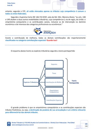23
134
Teoria
Pentapartida
entanto, segundo o STF, ali estão elencados apenas os tributos cuja competência é comum a
todos os entes federados.
Segundo a Suprema Corte (RE 146.733-9/SP, voto do Rel. Min. Moreira Alves), “os arts. 148
e 149 aludem a duas outras modalidades tributárias, cuja competência é, via de regra, da União: o
empréstimo compulsório e as contribuições sociais, inclusive as de intervenção no domínio
econômico e de interesse das categorias profissionais ou econômicas.”
Exceto a contribuição de melhoria, todas as demais contribuições são majoritariamente
classificadas na categoria contribuições especiais! Guarde isso!
O esquema abaixo ilustra as espécies tributárias segundo a teoria pentapartida:
O grande problema é que os empréstimos compulsórios e as contribuições especiais são
tributos finalísticos, ou seja, a destinação do produto de sua arrecadação é um critério relevante
para diferenciá-los dos demais tributos.
Espécies Tributárias
Impostos
Taxas
Contribuições de Melhoria
Empréstimos
Compulsórios
Contribuições Especiais
Fábio Dutra
Aula 00
Direito Tributário p/ TCE-RO (Auditor de Controle Externo - Direito) Com Videoaulas - Pós-Edital
www.estrategiaconcursos.com.br
0
00000000000 - DEMO
 