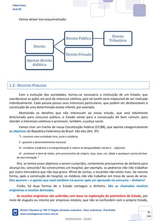 9
144
Vamos deixar isso esquematizado:
1.2 - RECEITAS PÚBLICAS
Com a evolução das sociedades, tornou-se necessária a instituição de um Estado, que
coordenasse as ações em prol do interesse coletivo, pois tal tarefa seria impossível de ser realizada
individualmente. Cada pessoa possui seus interesses particulares, que podem ser desfavoráveis à
construção de uma determinada escola infantil, por exemplo.
Abstraindo os detalhes que não interessam ao nosso estudo, que será totalmente
direcionado para concurso público, o Estado existe para a consecução do bem comum, para
atender a interesses coletivos e promover, também, a justiça social.
Vamos citar um trecho de nossa Constituição Federal (CF/88), que aponta categoricamente
os objetivos da República Federativa do Brasil. São eles (Art. 3º):
“I - construir uma sociedade livre, justa e solidária;
II - garantir o desenvolvimento nacional;
III - erradicar a pobreza e a marginalização e reduzir as desigualdades sociais e regionais;
IV - promover o bem de todos, sem preconceitos de origem, raça, sexo, cor, idade e quaisquer outras formas
de discriminação.”
Ora, se temos esses objetivos a serem cumpridos, certamente precisaremos de dinheiro para
alcançá-los, concorda? Ao construirmos um hospital, por exemplo, os pedreiros não irão trabalhar
por outra mercadoria que não seja grana. Afinal de contas, o escambo não existe mais. Da mesma
forma, após a construção do hospital, os médicos não vão trabalhar em troca de sacos de arroz.
Eles querem – e aposto que você também irá querer após ser aprovado no concurso – dinheiro!
Então, há duas formas de o Estado conseguir o dinheiro. São as chamadas receitas
originárias e receitas derivadas.
As receitas originárias são auferidas com base na exploração do patrimônio do Estado, por
meio de aluguéis ou mesmo por empresas estatais, que não se confundem com o próprio Estado,
Direito
Direito Público
Direito
Tributário
Direito Privado
Apenas divisão
didática
Fábio Dutra
Aula 00
Direito Tributário p/ TRF 3ª Região (Analista Judiciário - Área Judiciária) - Pós-Edital
www.estrategiaconcursos.com.br
0
00000000000 - DEMO
 