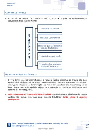 137
144
CONCEITO DE TRIBUTOS
• O conceito de tributo foi previsto no art. 3º, do CTN, e pode ser desmembrado e
esquematizado da seguinte forma:
NATUREZA JURÍDICA DOS TRIBUTOS
• O CTN definiu que, para identificarmos a natureza jurídica específica do tributo, isto é, a
espécie tributária (impostos, taxas, etc.), deve-se levar em consideração apenas o fato gerador.
Assim, para o legislador, a denominação e as demais características formais adotadas pela lei
bem como a destinação legal do produto da arrecadação do tributo são irrelevantes para
definir a sua natureza jurídica.
• Após o surgimento da Constituição Federal de 1988, o entendimento predominante é o de que
existem não apenas três, mas cinco espécies tributárias, dando origem à corrente
pentapartida.
ConceitodeTributos Prestação Pecuniária
Prestação Compulsória
Prestação que não constitui
sanção de ato ilícito
Prestação instituída em lei
Prestação cobra mediante
atividade vinculada
Fábio Dutra
Aula 00
Direito Tributário p/ TRF 3ª Região (Analista Judiciário - Área Judiciária) - Pós-Edital
www.estrategiaconcursos.com.br
0
00000000000 - DEMO
 