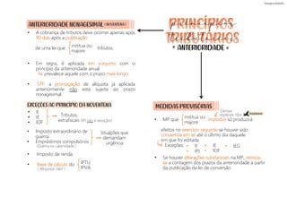 ANTERIORIDADE NONAGESIMAL
• A cobrança de tributos deve ocorrer apenas após
90 dias após a publicação
de uma lei que tributos.
• Em regra, é aplicada em conjunto com o
princípio da anterioridade anual.
prevalece aquele com o prazo mais longo
• STF: a prorrogação de alíquota já aplicada
anteriormente não está sujeita ao prazo
nonagesimal.
• II
• IPI
institua ou
majore
( Alíquotas não! )
• IE
• IOF
• MP que impostos só produzirá
efeitos no exercício seguinte se houver sido
convertida em lei até o último dia daquele
em que foi editada
Exceções:
Demais
espécies não!
( NOVENTENA )
EXCEÇÕES AO PRINCÍPIO DA NOVENTENA
• II
• IE
• IOF
Tributos
extrafiscais (IPI não é exceção!)
• Imposto extraordinário de
guerra
• Empréstimos compulsórios
Situações que
demandam
urgência
(Guerra ou calamidade )
• Imposto de renda
• Base de cálculo do IPTU
IPVA
institua ou
majore
• IEG
• Se houver alterações substanciais na MP, reinicia-
se a contagem dos prazos da anterioridade a partir
da publicação da lei de conversão
MEDIDAS PROVISÓRIAS
ANTERIORIDADE
= =
princípios
tributários
PEGADINHA!
 