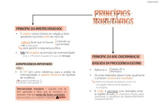 PRINCÍPIO DA IRRETROATIVIDADE
• É vedado cobrar tributos em relação a fatos
geradores ocorridos antes do início da
vigência da lei que os houver
para garantir a segurança jurídica.
Retroatividade imprópria = quando uma lei
tem aplicação a fatos que se iniciaram no
passado, mas que ainda não foram concluídos.
• O STF tem como referência, para a análise da
irretroatividade, o aspecto temporal da hipótese
de incidência.
tanto na entrada do exterior, como na
circulação interna entre estados e
municípios.
• Aplica-se a Estados, DF e
Municípios
PRINCÍPIO DA NÃO DISCRIMINAÇÃO
instituído ou
aumentado
( )
(não é publicação!)
(mas o CTN prevê situações em que a lei retroage)
quando considera-se
ocorrido o fato gerador
(desconsidera-se o aspecto material)
BASEADA EM PROCEDÊNCIA/DESTINO
• Os entes federados devem tratar igualmente
o produto nacional e o importado.
• À União é permitido criar distinções entre
as regiões do país incentivos fiscais para
promover o equilíbrio do desenvolvimento
socioeconômico
princípios
tributários
ATENÇÃO!
=
• Não há exceções ao princípio da irretroatividade!
JURISPRUDÊNCIAS IMPORTANTES
CSLL :
 