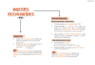 • Instituída pela EC 29/00
• Progressividade com base no valor do imóvel
(é inconstitucional a instituição de
alíquotas progressivas anterior à EC 29/00)
• Podem ser progressivas em função do
valor do imóvel (fiscal) ou do tempo
(extrafiscal)
• Podem ser diferentes de acordo com a
localização ou uso do imóvel.
STF :
PROGRESSIVIDADE
é inconstitucional a fixação de
adicional progressivo do IPTU em função
do número de imóveis do contribuinte
• Prevista desde a promulgação da CF/88.
• Progressividade no tempo: com base no
passar do tempo sem que o proprietário
promova o adequado aproveitamento do solo
• para ordenar o pleno desenvolvimento das
funções sociais da cidade e garantir o bem-
estar de seus habitantes.
Residencial,
comercial
(facultativa)
(tem fins arrecadatórios )
(sobre imóveis subutilizados ou não utilizados)
ALÍQUOTAS
PROGRESSIVIDADE EXTRAFISCAL
PROGRESSIVIDADE FISCAL
STF : é constitucional a lei municipal que
reduz o IPTU sobre o imóvel ocupado pela
residência do proprietário que não possua
outro.
impostos
IPTU
= =
dos municípios
 