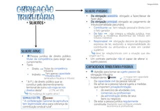 • Aptidão para tornar-se sujeito passivo da
obrigação tributária
• Independente:
• Contribuinte tem relação pessoal e direta com
o fato gerador
• De fato não integra a relação jurídica, mas
suporta a incidência econômica do tributo (em
tributos indiretos)
• Responsável obrigação decorre de disposição
expressa de lei, excluindo a responsabilidade do
contribuinte ou atribuindo-a a este em caráter
supletivo
deve ter relação/vínculo com a situação que deu
origem ao F.G.
SUJEITOS
= =
SUJEITO ATIVO
• Pessoa jurídica de direito público
titular da competência para exigir seu
cumprimento.
• Tipos:
• Da obrigação acessória: obrigado a fazer/deixar de
fazer algo
• Da obrigação principal: obrigado ao pagamento de
tributo/penalidade pecuniária
• “ A P.J. de direito público que se
constituir pelo desmembramento
territorial de outra sub-roga-se nos
direitos desta”
Há mudança do sujeito ativo !
=
Titular da competência
tributária
• Direto
• Indireto
SUJEITO PASSIVO
SÚMULA STJ 396:
“ A confederação nacional da agricultura
tem legitimidade ativa para cobrança da
contribuição sindical rural”.
(arrecada e fiscaliza o tributo)
Tem apenas capacidade
tributária ativa.
( CTN, art.120)
• Um contrato particular não é capaz de alterar o
sujeito passivo.
CAPACIDADE TRIBUTÁRIA PASSIVA
=
1. Da capacidade civil da pessoa natural.
2. De achar-se a pessoa natural sujeita a medidas
que importem privação/limitação:
3. De estar a pessoa jurídica regularmente
constituída
• do exercício de atividades civis,
comerciais ou profissionais
• da administração direta de seus
bens ou negócios
o incapaz tem capacidade
tributária passiva!
(bastando que configure unidade
econômica e profissional)
obrigação
tributária
CAI MUITO!
DECORE!
 