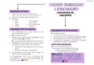 5 anos da ocorrência do F.G
se passar homologação tácita
salvo se comprovada ocorrência
de dolo, fraude ou simulação
“Autolançamento”
• O contribuinte deve antecipar o pagamento sem
prévio exame da autoridade administrativa
• O pagamento extingue o crédito sob condição
resolutória da ulterior homologação
LANÇAMENTO DE OFÍCIO
• Não há participação do sujeito passivo.
• Aplica-se aos casos determinados em lei
• Exemplos:
• Há participação do sujeito passivo e da
autoridade administrativa
• Lançamento misto
• Sujeito passivo deve prestar declaração sobre
matéria de fato
• Retificação da declaração pelo sujeito passivo
se reduzir ou excluir tributo só é admitida:
• A autoridade administrativa pode corrigir de
ofício os erros da declaração
(há intensa participação do sujeito passivo)
LANÇAMENTO POR DECLARAÇÃO
• IPTU
• IPVA
• Taxas
• COSIP
• Contribuições
corporativas
• Contribuições de
melhoria
(tudo é realizado pela autoridade administrativa)
a autoridade administrativa faz o lançamento
• Mediante comprovação do erro em que se
funde
• Antes de notificado o lançamento
=
+
O arbitramento não é uma modalidade de
lançamento, mas uma técnica para definição de
base de cálculo
)
( obrigação
acessória
MODALIDADE DO
LANÇAMENTO
= =
PRAZO PARA HOMOLOGAÇÃO
LANÇAMENTO POR HOMOLOGAÇÃO
SÚMULA STJ 436: “ a entrega de declaração
pelo contribuinte reconhecendo o débito
fiscal constitui o crédito tributário,
dispensada qualquer outra providência por
parte do fisco”
=
=
crédito tributário
e lançamento
ATENÇÃO!
PEGADINHA!
=
 