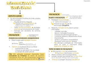 • Documenta o início do procedimento
fixa prazo máximo para conclusão
• Afasta o direito à denuncia espontânea
• Lavrado, sempre que possível, em um livro fiscal
• Antecipa a contagem do prazo decadencial
• Quaisquer livros comerciais
• Mediante intimação escrita, devem prestar
informações:
administração
=
)
limitado o exame aos pontos
objetivos da investigação
(
ASPECTOS GERAIS
FISCALIZAÇÃO
PODERES DAS AUTORIDADES ADMINISTRATIVAS
• As administrações tributárias da União, estados,
DF e municípios:
• Determinados pela legislação tributária
de forma
• Aplicam-se as pessoas físicas e jurídicas
geral
específica
Não têm aplicação quaisquer disposições legais
excludentes ou limitativas do direito de examinar
mercadorias, livros, etc. dos comerciantes industriais e
produtores, ou da sua obrigação de exibi-los.
• Atuarão de forma integrada
• Terão recursos prioritários atividades
essenciais ao funcionamento do Estado.
• Exercidas por servidores de carreiras
específicas
• contribuintes ou não
• inclusive as que gozem de imunidade
ou isenção de caráter pessoal
inclusive com compartilhamento de
cadastros e informações fiscais.
(na forma de lei ou convênio)
)
em função da
natureza do tributo!
(
Autoridades fiscais
e não policiais
FISCALIZAÇÃO
SUJEITO À FISCALIZAÇÃO
1. Tabeliães, escrivães
2. Bancos, instituições financeiras
3. Empresas de administração de bens
4. Corretoras, leiloeiros, despachantes oficiais
5. Inventariantes
6. Síndicos, comissários, comandatários
7. Quaisquer outros que a lei designe
• Não abrange a prestação de informações
sobre os quais o informante esteja
legalmente obrigado ao sigilo
TERMO DE INÍCIO DE FISCALIZAÇÃO
(continuação)
Livros obrigatórios devem
ser conservados até a
prescrição dos créditos
Inclusive os que não são de
escrituração obrigatória
(se em separado: entregar cópia autenticada)
+
tributária
CAI MUITO!
=
 