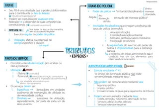 • Súmula vinculante n° 41:
• Não podem ser remunerados mediante taxa:
• Podem ser remunerados mediante taxa:
a existência de órgão administrativo não é
condição, mas um dos elementos para
inferir seu funcionamento
TAXAS
• Seu FG é uma atividade que o poder público realiza
para o contribuinte (= fato do Estado)
• Podem ser instituídos por qualquer ente
federado a depender de suas competências
constitucionais.
• TIPOS DE F.G. :
• Poder de polícia “limitando/disciplinando
1. Segurança pública
2. Limpeza pública
3. Emissão/remessa de guias para pagamentos de tributos
1. Alvará (localização)
2. Controle/fiscalização ambiental
3. Mercados de títulos/valores mobiliários
4. Fiscalização de anúncios
JURISPRUDÊNCIA IMPORTANTE:
tributo contraprestacional
Nos limites da lei e, se discriminatória,
sem abuso/desvio de poder
( competência comum)
• O contribuinte não tem opção por receber ou
não a prestação.
• Utilização:
• Os serviços devem ser:
1. Exercício regular do poder de polícia
2. Utilização, efetiva ou potencial, de
serviço específico e divisível
(uti singuli )
1. Efetiva
2. Potencial
( usufruído)
serviço de utilização compulsória
colocado á disposição do contribuinte
por atividade administrativa em
efetivo funcionamento
1. Específicos destacáveis em unidades
autônomas de intervenção, de utilidade ou
de necessidade pública.
2. Divisíveis suscetíveis de utilização,
separadamente, por parte de cada um de
seus usuários.
TAXAS DE POLÍCIA
Regula
• A regularidade do exercício do poder de
polícia é imprescindível para a cobrança
da taxa.
1. Coleta, remoção, tratamento, destinação de lixo
2. Serviços judiciais (custas judiciais)
3. Serviços notarias e registrais
“o serviço de iluminação pública não pode
ser remunerado mediante taxa “.
direito
interesse
Liberdade,
tributos
= =
ESPÉCIES
ATENÇÃO!
CAI MUITO!
TAXAS DE SERVIÇO
( )
=
=
=
=
Ato
Abstenção
de fato
em razão de interesse público”
• Atividades fiscalizadoras que ensejam a cobrança de
taxas de polícia: (exemplos)
 