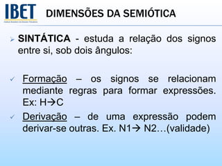 DIMENSÕES DA SEMIÓTICA
 SINTÁTICA - estuda a relação dos signos
entre si, sob dois ângulos:
 Formação – os signos se relacionam
mediante regras para formar expressões.
Ex: HC
 Derivação – de uma expressão podem
derivar-se outras. Ex. N1 N2…(validade)
 