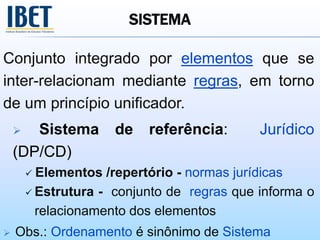Conjunto integrado por elementos que se
inter-relacionam mediante regras, em torno
de um princípio unificador.
 Sistema de referência: Jurídico
(DP/CD)
 Elementos /repertório - normas jurídicas
 Estrutura - conjunto de regras que informa o
relacionamento dos elementos
 Obs.: Ordenamento é sinônimo de Sistema
SISTEMA
 