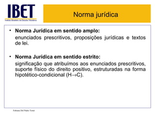 Norma jurídica Norma Jur ídica em sentido amplo:  enunciados prescritivos, proposiç ões jurídicas e  textos de lei. Norma Jur ídica em sentido estrito:   significação que atribuímos aos enunciados prescritivos, suporte físico do direito positivo, estruturadas na forma hipot ético-condicional (H  C). Fabiana Del Padre Tomé 