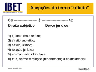 Sa ------------------- $ --------------------- Sp Direito subjetivo  Dever jurídico 1) quantia em dinheiro;  2) direito subjetivo;  3) dever jurídico;  4) relação jurídica;  5) norma jurídica tributária;  6) fato, norma e relação (fenomenologia da incidência). Fabiana Del Padre Tomé Acepções do termo “tributo” Questão 6 