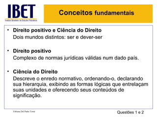 Conceitos  fundamentais Direito positivo e Ciência do Direito Dois mundos distintos: ser e dever-ser Direito positivo Complexo de normas jurídicas válidas num dado país. Ciência do Direito  Descreve o enredo normativo, ordenando-o, declarando sua hierarquia, exibindo as formas lógicas que entrelaçam suas unidades e oferecendo seus conteúdos de significação. Fabiana Del Padre Tomé Questões 1 e 2 