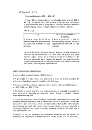 4.3 “Tese dos 5 + 5”: STJ.

                Cumulação dos arts. 173, I e 150, § 4º.

                Para o STJ, no lançamento por homologação, utiliza-se o art. 150, §
               4º, CTN, cujo prazo é o de 5 anos, a contar do fato gerador, cumulando-
               o, posteriormente, com o qüinqüênio a contar do 1º dia do exercício
               seguinte àquele em que o lançamento poderia ter sido efetuado.

                Art. 173, I:

                                CTN                  INTERPRETAÇÃO PARA A
                                                             DOUTRINA
               5 anos a contar do 1º dia do 5 anos a contar do 1º dia do
               exercício seguinte àquele em que exercício seguinte àquele em que o
               o lançamento PODERIA ter sido lançamento (JÁ) PODERIA ter sido
               efetuado.                        efetuado.


                ATENÇÃO! 2005 – 1ª Turma do STJ – Ministro Luiz Fux: deu início à
               mudança de posicionamento – a única soma de prazos que pode
               ocorrer, a rigor, é entre o prazo de decadência do direito de lançar e do
               prazo de prescrição para executar as quantias que eventualmente
               tenham sido lançadas dentro do primeiro prazo. Não há lugar para uma
               descabida “soma” de prazos de decadência.



CRÉDITO TRIBUTÁRIO E PRESCRIÇÃO

1 A prescrição é causa extintiva do crédito tributário.

2 A prescrição é o fato jurídico que determina a perda do direito subjetivo de
ajuizamento da ação de execução (fiscal) do valor do tributo.

3 Havendo prescrição, nula será a ação executiva e extinto estará o crédito tributário –
art. 618, I, CPC e art. 156, V, CTN.

4 Constituído o crédito tributário pelo lançamento cessa a cogitação de decadência
para iniciar-se a cogitação da prescrição. Onde finaliza a primeira inicia-se
imediatamente a segunda.

5 Entre o lançamento e a protocolização da impugnação, na órbita administrativa, não
correrá o prazo de decadência, nem se terá iniciado o prazo de prescrição. Tal contexto
estender-se-á para o interregno entre a protocolização da defesa até a última decisão
administrativa da qual não couber mais recurso. Neste momento, havendo a
constituição definitiva do crédito tributário, despontará o termo de início para a
contagem da prescrição.

6 Súmula 153 do TFR: constituído, no qüinqüênio, através de auto de infração ou
notificação de lançamento, o crédito tributário, não há que se falar em decadência,
 