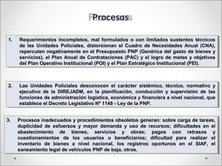 1. Requerimientos incompletos, mal formulados o con limitados sustentos técnicos
de las Unidades Policiales, distorsionan el Cuadro de Necesidades Anual (CNA),
repercuten negativamente en el Presupuesto PNP (Genérica del gasto de bienes y
servicios), el Plan Anual de Contrataciones (PAC) y el logro de metas y objetivos
del Plan Operativo Institucional (POI) y el Plan Estratégico Institucional (PEI).
1. Requerimientos incompletos, mal formulados o con limitados sustentos técnicos
de las Unidades Policiales, distorsionan el Cuadro de Necesidades Anual (CNA),
repercuten negativamente en el Presupuesto PNP (Genérica del gasto de bienes y
servicios), el Plan Anual de Contrataciones (PAC) y el logro de metas y objetivos
del Plan Operativo Institucional (POI) y el Plan Estratégico Institucional (PEI).
Procesos
2. Las Unidades Policiales desconocen el carácter sistémico, técnico, normativo y
ejecutivo de la DIREJADM, en la planificación, conducción y supervisión de las
funciones de administración logística, económica y financiera a nivel nacional, que
establece el Decreto Legislativo Nº 1148 - Ley de la PNP.
2. Las Unidades Policiales desconocen el carácter sistémico, técnico, normativo y
ejecutivo de la DIREJADM, en la planificación, conducción y supervisión de las
funciones de administración logística, económica y financiera a nivel nacional, que
establece el Decreto Legislativo Nº 1148 - Ley de la PNP.
3. Procesos inadecuados y procedimientos obsoletos generan: sobre carga de tareas,
duplicidad de esfuerzos y mayor demanda y uso de recursos; dificultades en el
abastecimiento de bienes, servicios y obras; pagos con retrasos y
cuestionamientos de los usuarios o beneficiarios; dificultad para realizar el
inventario de bienes a nivel nacional, los registros oportunos en el SIAF, el
saneamiento legal de vehículos PNP de baja, otros.
3. Procesos inadecuados y procedimientos obsoletos generan: sobre carga de tareas,
duplicidad de esfuerzos y mayor demanda y uso de recursos; dificultades en el
abastecimiento de bienes, servicios y obras; pagos con retrasos y
cuestionamientos de los usuarios o beneficiarios; dificultad para realizar el
inventario de bienes a nivel nacional, los registros oportunos en el SIAF, el
saneamiento legal de vehículos PNP de baja, otros.
 
