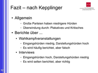 Fazit – nach Kepplinger
     ●   Allgemein
             –   Große Parteien haben niedrigere Hürden
             –   Überwindung durch: Plakatives und Kritisches
     ●   Berichte über ...
         ●   Wahlkampfveranstaltungen
             –   Eingangshürden niedrig, Darstellungshürden hoch
             –   Es wird häufig berichtet, aber falsch
         ●   Interviews
             –   Eingangshürden hoch, Darstellungshürden niedrig
             –   Es wird selten berichtet, aber richtig

12
 