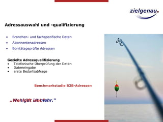 „ Weniger ist mehr.“ Gezielte Adressqualifizierung Telefonische Überprüfung der Daten Dateneingabe erste Bedarfsabfrage Adressauswahl und -qualifizierung „ Viel hilft viel.“   Benchmarkstudie B2B-Adressen Branchen- und fachspezifische Daten Abonnentenadressen Bonitätsgeprüfte Adressen 