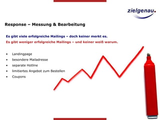 Response – Messung & Bearbeitung Es gibt viele erfolgreiche Mailings – doch keiner merkt es. Es gibt weniger erfolgreiche Mailings – und keiner weiß warum.  Landingpage besondere Mailadresse separate Hotline limitiertes Angebot zum Bestellen Coupons 