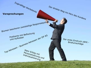 Blumen bescheren zweistellige Responsequoten Versprechungen  Top-Adressen - Business-Adressen der DP AG Der direkte Weg ins Herz des Kundens Der erste Eindruck zählt - Briefumschläge Zugkräftige Werbetexte Postkarte mit Beflockung und Aufkleber  Mehr Erfolg mit Personalisierung und Individualisierung  