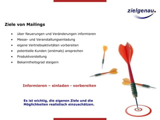 Ziele von Mailings über Neuerungen und Veränderungen informieren  Messe- und Veranstaltungseinladung eigene Vertriebsaktivitäten vorbereiten potentielle Kunden (erstmals) ansprechen Produktvorstellung Bekanntheitsgrad steigern Es ist wichtig, die eigenen Ziele und die Möglichkeiten realistisch einzuschätzen. Informieren – einladen - vorbereiten 