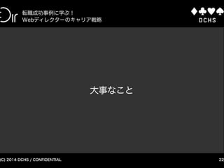 CONFIDENTIAL (C) 2015 DCHS
Webディレクターの実績を可視化する方法
22
Webディレクターの能力を測る4つの指標
数値化してみた → 高瀬の場合
2003 2004 2005
セールス 3年
2006 2007 2008 2009 2010
2011 2012 2013
2014
デジタルコンテンツプロデュース 5年
デジタルマーケティング 3年
メディア運用 1年
 
