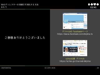 CONFIDENTIAL (C) 2015 DCHS
Webディレクターの実績を可視化する方法
28
おわり
schoo公認 デジマch
https://schoo.jp/channel/dejima
デジマ公式 Facebookページ
https://www.facebook.com/dejima.tv
ご静聴ありがとうございました
 