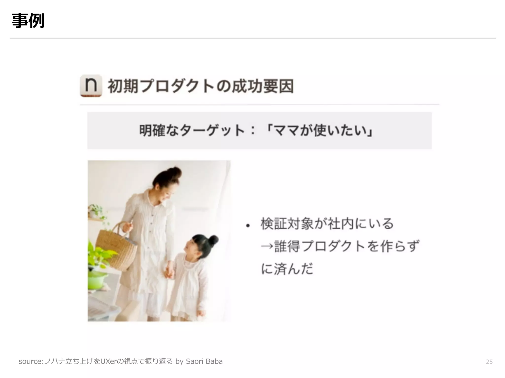 25 
事例例 
source:ノハナ⽴立立ち上げをUXerの視点で振り返る by Saori Baba 
 