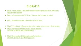 E-GRAFIA
 https://www.google.com/search?q=indifinitive+pronouns&ie=utf-8&oe=utf-
8#q=reported+speech
 http://www.englisch-hilfen.de/en/grammar/participles_form.htm
 http://www.englishpage.com/modals/should.html
 http://www.curso-ingles.com/gramatica-inglesa/pronombres-reflexivos.php
 http://learnenglish.britishcouncil.org/es/english-
grammar/pronouns/personal-pronouns
 http://learnenglish.britishcouncil.org/es/english-
grammar/pronouns/indefinite-pronouns
 
