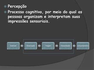  Percepção
 Processo cognitivo, por meio do qual as
pessoas organizam e interpretam suas
impressões sensoriais.
Estimulo Observação Triagem Interpretação comportamento
 