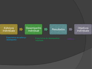 Esforços
Individuais
Desempenho
Individual
Resultados
Objetivos
Individuais
Expectativa de esforço-
desempenho
Expectativa de desempenhos-
resultado
Valência
 